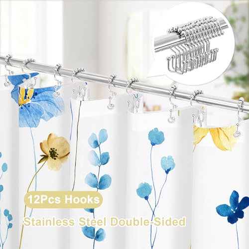 Gibelle Small Stall 3 in 1 Shower Curtain Set, Blue Yellow Watercolor Floral Bath Curtain and PEVA Liner Set with 12 Double Sided Steel Hooks, Waterproof Fabric Bathroom Curtain 36x72 - color: Blueyellow, size: 36"W x 72"L (Pack of 1)