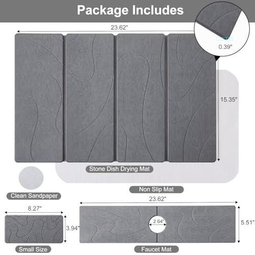 3 PCS Large Stone Dish Drying Mat for Kitchen Counter, Quick Dry Stone Dishes Mats, Sink Faucet Mat, Minimalist Water Absorbing Diatomaceous Earth Drying Pad for Countertop Tableware, Bottles - color: Grey Carving Lines