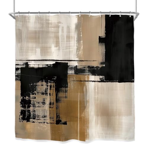 Miyotaa Abstract Minimalist Modern Shower Curtain Set 71Wx84H Inches Extra Long Black Tan Neutral Contemporary Brushstroke Art Waterproof Bathroom Curtain with 12 Hooks - color: Black Tan, size: 71"W x 84"L (Pack of 1)