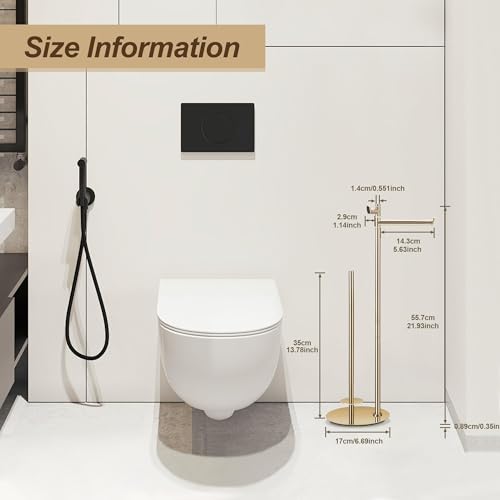BVL Toilet Paper Holder Stand in Gold, SUS304 Stainless Steel, Weighted Base, Holds 5 Jumbo Rolls, Waterproof Pad, Compact Space-Saving Design with Built-in Hook for Modern Bathroom Storage - color: Gold