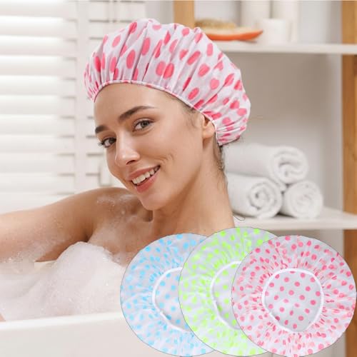 3 Pcs Waterproof Shower Caps, Plastic Reusable Bath Caps Elastic Band Bath Hair Hat for Women Ladies Spa Salon