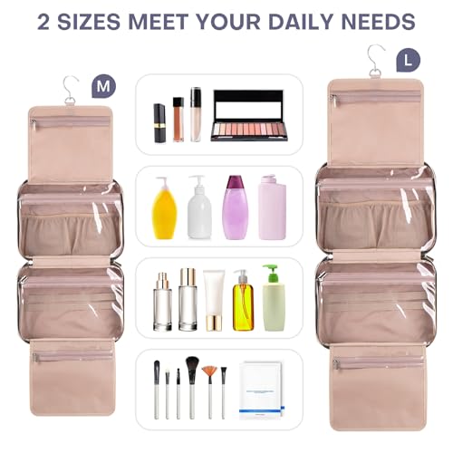 Hanging Toiletry Bag for Women Travel, 2 Sizes Large & Small Waterproof Cosmetic Organizer with 4 Compartments, Rotating Hook, Foldable Pink Travel Bag for Toiletries & Makeup - Medium Grey - color: Grey, size: Medium