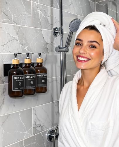 Luxspire Shampoo and Conditioner Dispenser, Shower Soap Dispenser Wall Mounted 3 Sets Plastic Bottles Bamboo Pump, 17OZ Shampoo and Conditioner Bottles for Bathroom, Shower Wall and Hotel, Amber - color: Amber Brown