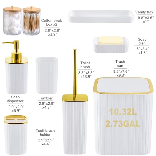 Bathroom Accessory Set White and Gold -9PCS Bathroom Decor with Toilet Brush, Trash Can, Soap Dispenser, Q-Tip Holder | Modern Home Bath Essentials - color: White&gold, size: 9-Piece Bath Set