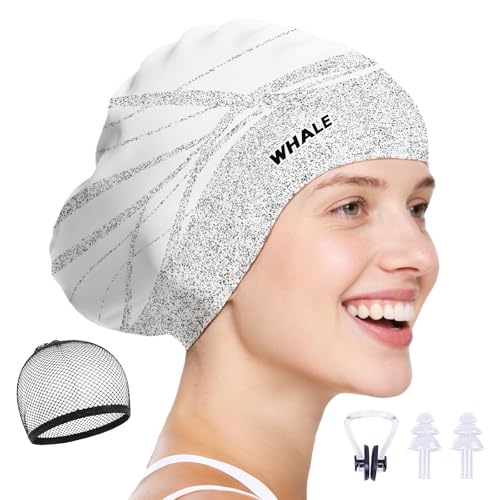 WHALE Extra Large Swim Cap Designed for Men and Women with Thick, Long Hair, Hair Extensions Or Afro-Textured Hair Long-Hair Swim Cap Highly Waterproof to Keep Hair Dry - color: Bright white