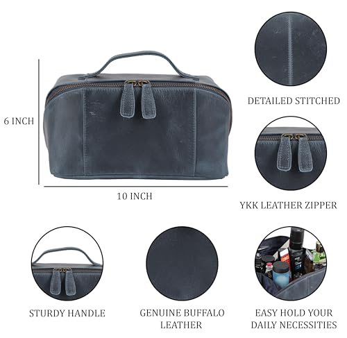KomalC Luxury Leather Men’s Toiletry Travel Bag – Handmade Shaving Kit with Waterproof Interior, Spacious Storage & Carry Handle – leather travel Kit Bag for Men & Women (Blue) - color: Blue