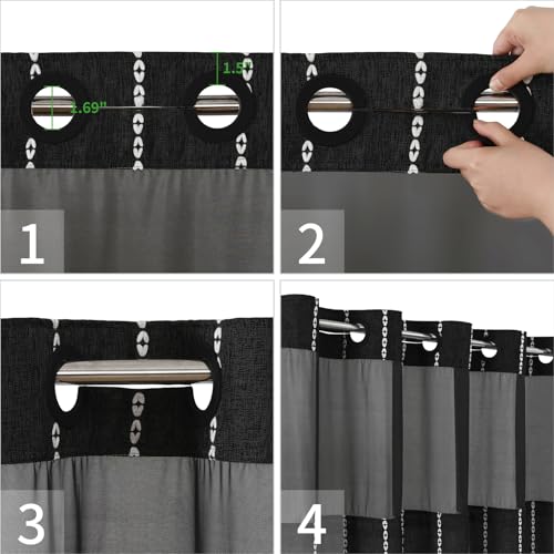 eachope Boho Farmhouse No Hook Shower Curtain Set with Snap-in Fabric Liner,Heavy-Duty Linen Textured Rustic Striped Design,Water-Repellent with Tassels and Sheer Window,Black,71x74 - color: Black, size: 71"W x 74"L (Pack of 1)