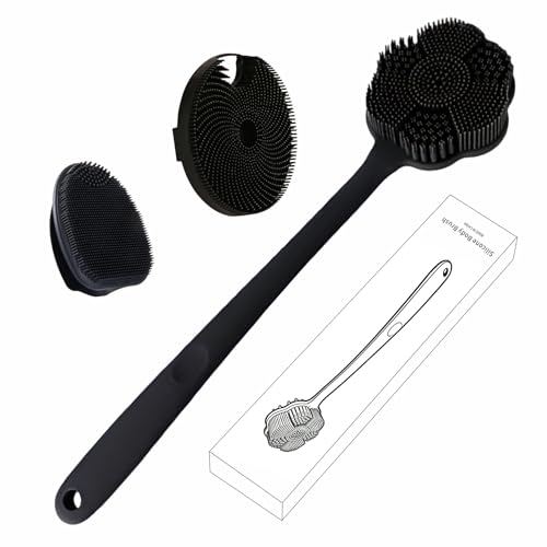 Back Scrubber & Face Scrubber Brush for Shower - 15 Inch Long Handle Double Sided Silicone Body Brush for Exfoliation & Massage, Soft Facial Cleansing Brush, Rich Lathering for Deep Cleansing (Black) - color: Black