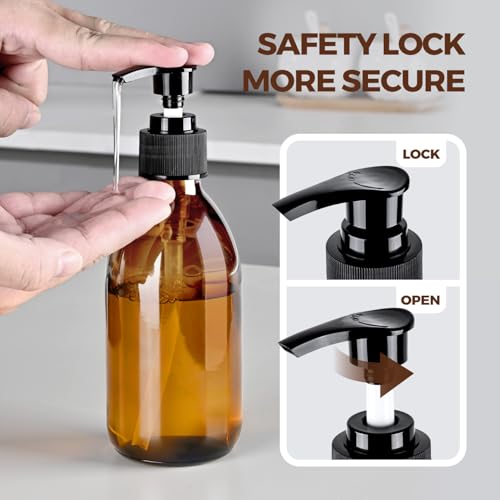 8 oz Amber Glass Pump Bottle, 250ml Glass Soap Dispenser Bottle for Body Lotion Massage Oil, Refillable Empty Hand and Dish Soap Dispensers Set with Labels - 2 Pack - color: Amber