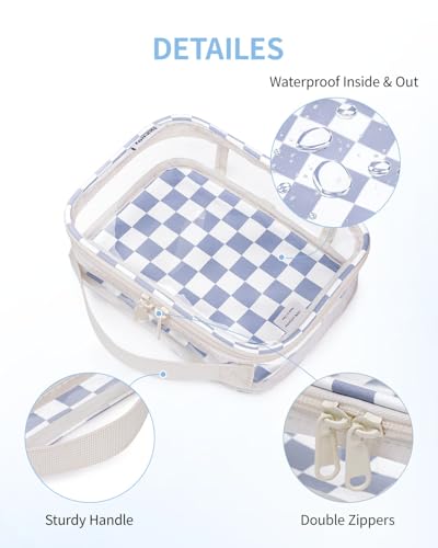 Narwey TSA Approved Clear Toiletry Bag for Travel, Waterproof PVC Clear Makeup Bags Portable Compact Cosmetic Bag Make Up Organizer Airport Airline Quart Size Compliant Bag (Grayish Blue Checkerboard) - color: Grayish Blue Checkerboard