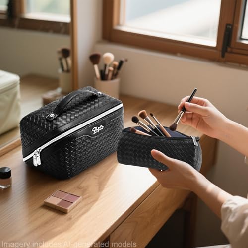 BOYATU Travel Makeup Bags for Women: 3 Pcs Large Make up Bags Set - Vegan Leather Cosmetic Bag for Traveling - Waterproof Toiletry Organizer (L05 Black) - color: L05 Black