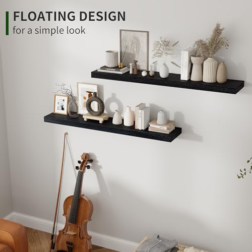 Marsmiles Wood Floating Shelves for Wall Set of 2, 36 Inch Wide Rustic Wooden Floating Shelves, Invisible Wall Mounted Display for Living Room Bedroom Kitchen Bathroom Office, White - color: Distressed Black, size: 36Inch, Set of 2, (1-2/5"H)