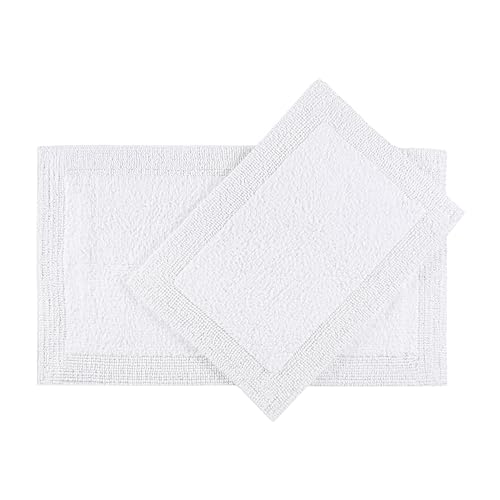 Bedding Craft Cotton Bathroom Mat Set, Reversible Water Absorbent Bath Mat Rug, Machine Washable, 2 Pieces (17x24 + 21x34) - color: White, size: 1'5" x 2' + 1'9" x 2'10" (Rectangular)