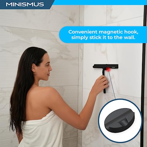 Minismus Shower Squeegee with Magnetic Hook - Silicone Window Wiper with Adhesive Wall Mounted Hanger - Shower Squeegee for Glass Doors - Rubber Squeegee - Shower Glass Cleaner (8.25 inches, Black) - color: Black