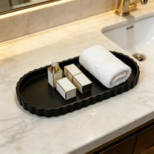 Silicone Bathroom Tray,Sink Caddy,Vanity Organizer,12"x 5",Black | Oval,Bathroom counter tray,Toilet tray,Kitchen Counter Decor,Sponge Holders,Sink Organizers,Key tray,Bathroom tank tray - color: Black