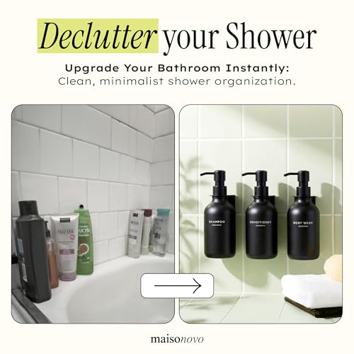 Shampoo and Conditioner Dispenser Wall Mounted Set of 3 Black - No Drill Shower Soap Dispenser for Bathroom Refillable - Spa Hotel Style Accessories by MaisoNovo | 500 ml Shower Gel Dispenser Set of 3. Refillable Shampoo and Conditioner Bottles. Drill Fre