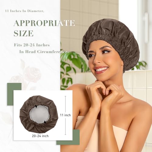 Edoneery Reusable Shower Caps for Women, Waterproof Long Hair Bonnet | Washable Design, Wide Elastic Band, Large Fit, Holds Long Hair, Braids Friendly, Bath Accessories, Spa, Travel - color: Dark Coffee