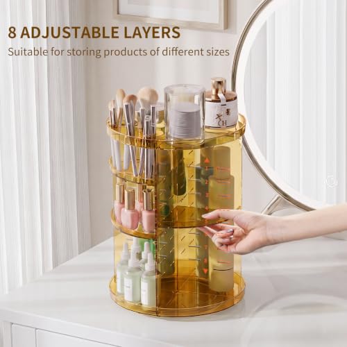 Rotating Makeup Organizer, DIY 8 Adjustable Layers Spinning Skincare Storage, Cosmetic Display Case with Brush Holder and Perfume Tray, Multi-Function Vanity Bathroom Countertop Organizer Clear Gold - color: Clear Gold