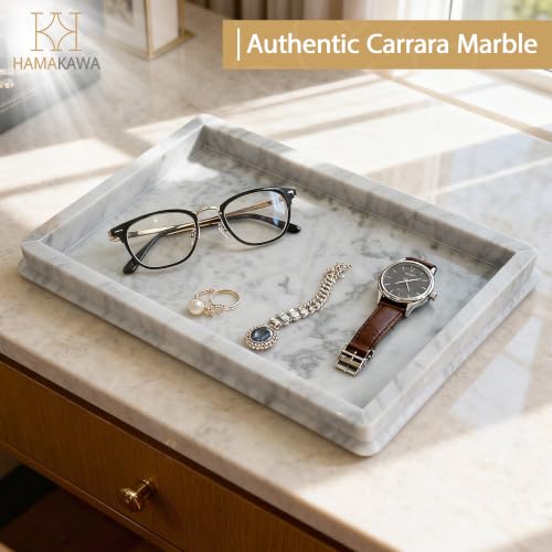 Italian Real Natural Marble Bathroom Vanity Tray 12 inch, Carrara White Stone Jewelry Tray, Rectangle Perfume Trays, Large Tank Trays, Cosmetic Organizer - color: Carrara White Rect Tiered 12-in