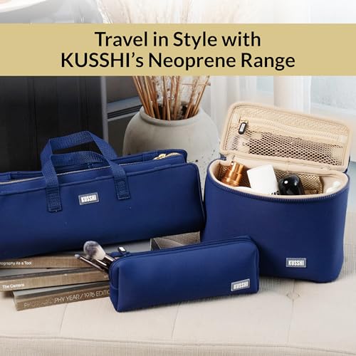 KUSSHI Neoprene Train Case Makeup Bag - Washable Makeup Travel Bag & Vanity Case for Stress Free Travel (Small, Navy/Khaki) - color: Navy/Khaki, size: Small