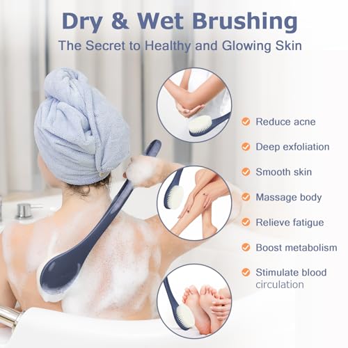 Body Back Scrubber – 17'' Long Handle Shower Brush, Durable Exfoliator for Dry & Wet Use, Deep Cleansing & Gentle Exfoliation for Smooth Skin – for Men, Women & Elderly (Navy Blue) - size: 17“ Navy Blue