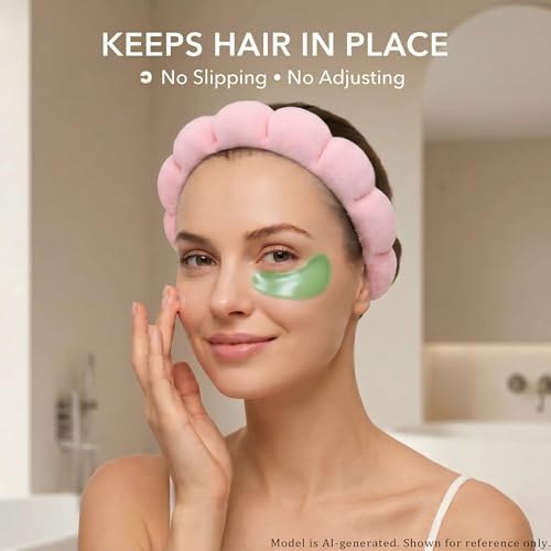 Makeup Headband for Washing Face Wristband Set, Pink | Soft absorbent fabric, snug head-hugging fit for face washing, skincare, makeup, masks, travel, women and teen girls - color: Pink