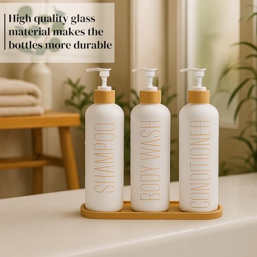 3-Pack 16oz Refillable Glass Shower Dispenser Set with Bamboo Pump, Tray, and Funnel for Shampoo, Conditioner, and Body Wash – Perfect for Bathroom and Guest Rooms (White)