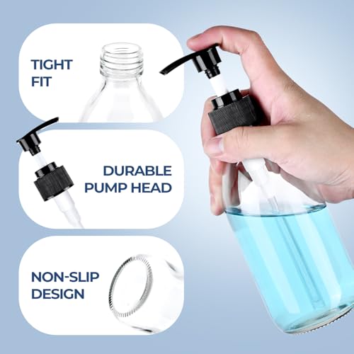 8 oz Clear Glass Pump Bottle, 250ml Small Lotion Dispenser Bottle for Body Massage Oil, Refillable Empty Hand and Dish Soap Dispensers Set with Labels - 3 Pack - color: Clear
