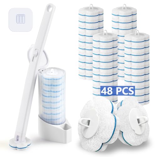 Disposable Toilet Brush and Holder Set with 48 Toilet Cleaner Refills，Toilet Bowl Brush Kit with Refill Pads Disposable Toilet Cleaning System for Toilet Bowl，Bathtub，Bathroom - White - size: 1 set+48 refills-White