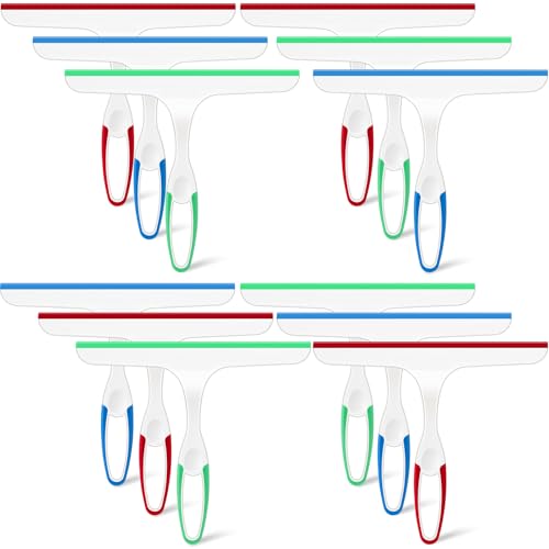 Dandat 12 Pcs Squeegee for Shower Glass Door 9.8'' Small Silicone Shower Squeegee for Doors Bulk with Hanging Hole for Bathroom Car Mirror Tile(Red, Blue, Green) - color: Red, Blue, Green