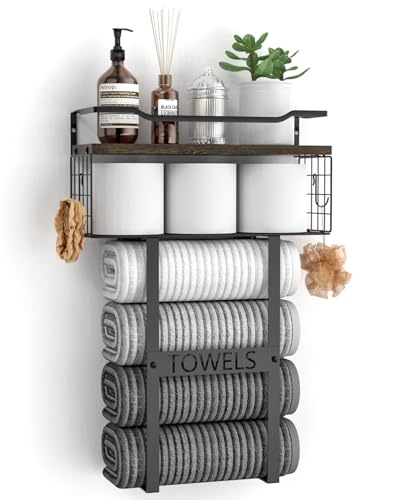Rustic Brown Wood Vertical Towel Rack - Bath Wall Holder Set Above Toilet Storage, Rolled Towel Shelf Organizer for Small Bathrooms - color: Rustic