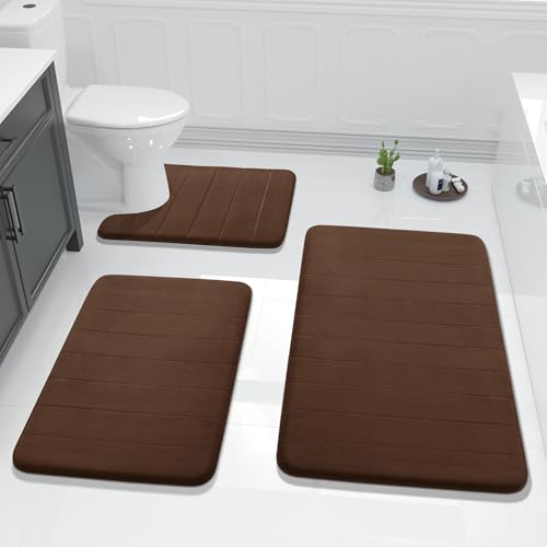 Yimobra 3 Pieces Memory Foam Bath Mat Set with U-Shaped Toilet Rug - Non Slip Super Soft Absorbent Quick Dry Bathroom Rugs for Bathtub, Vanity & Toilet Base, Brown - color: Brown, size: 44''x24'' + 31.5''x20'' + 24''x20''