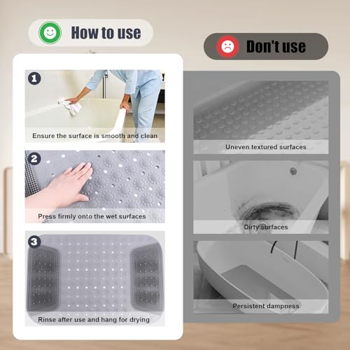 Bathtub Shower Mat Non Slip, 28.7x18.9 inch Silicone Bathroom Mat with Foot Scrubber on Both Sides, Drain Hole and Suction Cups, Machine Washable Bath Mats for Elderly, Pet (Gray) - size: 28.7"x18.9"