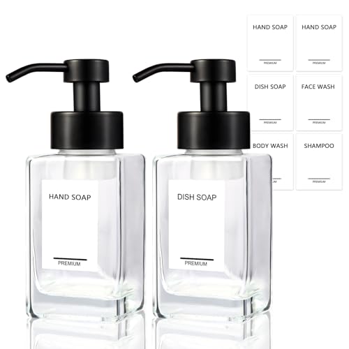 Foaming Soap Dispenser 2 Pack, 12oz/350ml Glass Foaming Hand Soap Dispenser Set with Stainless Steel Pump, Square Refillable Foam Pump Bottles for Bathroom&Kitchen,Includes 6 Labels - color: Clear