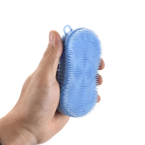Silicone Body Scrubber, Double Sided Exfoliating Brush with Soft Flexible Bristles, Scalp Massage and Shampoo Tool with Hanger Loop, (Blue) - color: Blue