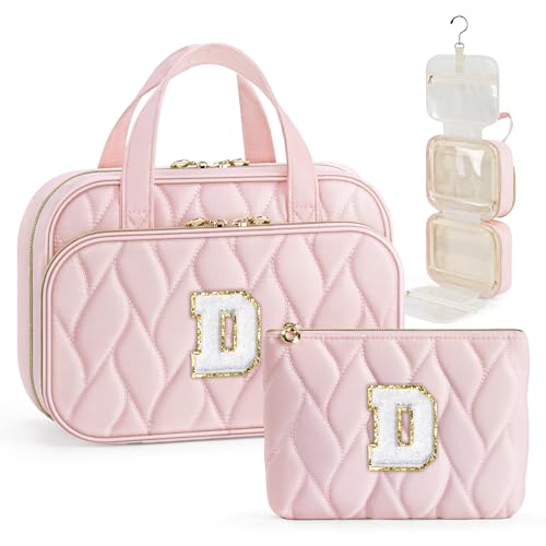 YOOLIFE Travel Toiletry Bag for Women - Hanging Toiletry Bag, Large Capacity Personalized Makeup Pouch, Travel Essentials - Letter Pink D - color: Pink, style: D