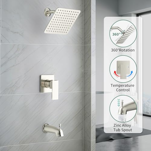 SunCleanse Tub Shower Faucet Set with Pressure Balance Valve, 8-Inch Rain Shower Head and Tub Spout, Single-Handle Shower Trim Kit, Shower Head and Handle Set for Bathroom, Brushed Nickel - color: Brushed Nickel
