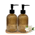 Glass Hand and Dish Soap Dispenser Set of 2 with Plastic Pumps, Bamboo Tray, 13.5oz Brown Bathroom Soap Dispenser with Vertical Stripe for Hand Wash & Dish Wash, Ideal for Bathroom Kitchen Countertop - color: Brown