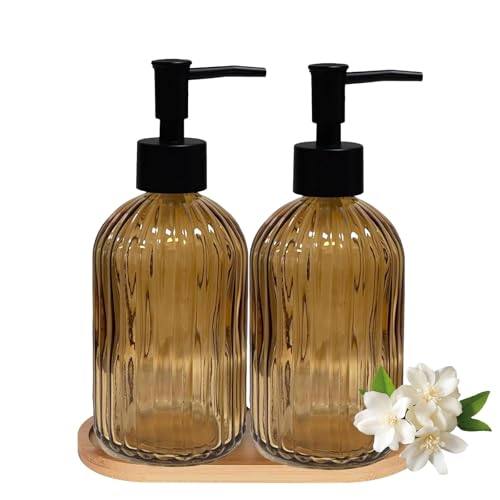 Glass Hand and Dish Soap Dispenser Set of 2 with Plastic Pumps, Bamboo Tray, 13.5oz Brown Bathroom Soap Dispenser with Vertical Stripe for Hand Wash & Dish Wash, Ideal for Bathroom Kitchen Countertop - color: Brown
