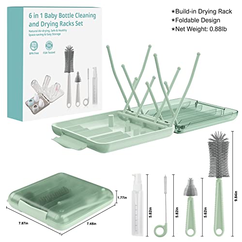 Bottle Brush Set -Baby Travel Essential-6 in 1 Bottle Cleaner Kit with Silicone Bottle Brush,Nipple Cleaner Brush,Straw Brush,Soap Dispenser,Storage Box,Bottle Drying Rack for Home and Travel(Green) - color: Green