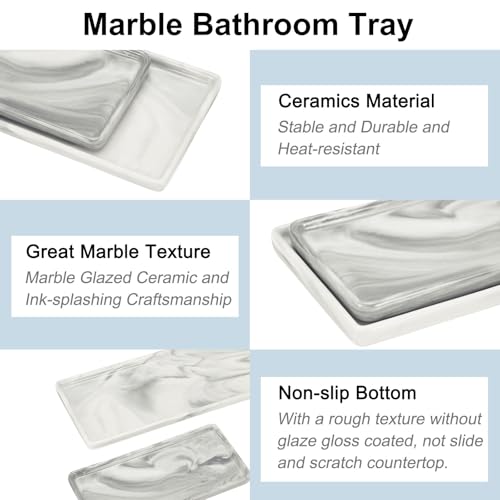 uxcell 2pcs Marble Tray for Bathroom 2 Size Small Rectangle Ceramic Vanity Tray for Countertop Shatterproof Bathtub Soap Tray Kitchen Sink Organizer Key Trinket Tray, Grey - color: Gray