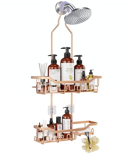 Upgraded Extended Length Shower Organizer with Hooks, Rustproof Shampoo Soap Holder, Large Hanging Bathroom Caddy, Rose Gold - color: Rose Gold