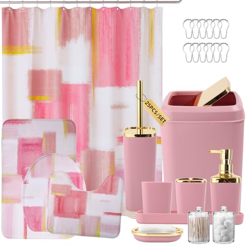 XLHOMO Bathroom Set - Pink and Gold Bathroom Accessories Set, Bathroom Sets with Shower Curtain and Rugs, Pink Shower Curtain Set with Bathroom Trash Can, Soap Dispenser, Soap Dish for Home Decor - color: Plaid Pink & Gold, size: Complete Set + Bath Rugs