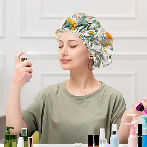 Luxury Shower Cap Satin Silk Lined Adjustable Elastic Reusable Waterproof Shower Bath Cap Cute for Women Girls-Orange Flower - color: AK6-Orange Flower