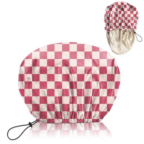 Luxury Shower Cap Satin Lined Reusable Waterproof Double Layer Elastic Adjustable Hair Bath Cap Cute Aesthetic Women Girls-Pink Checkered - color: F14-Pink Checkered