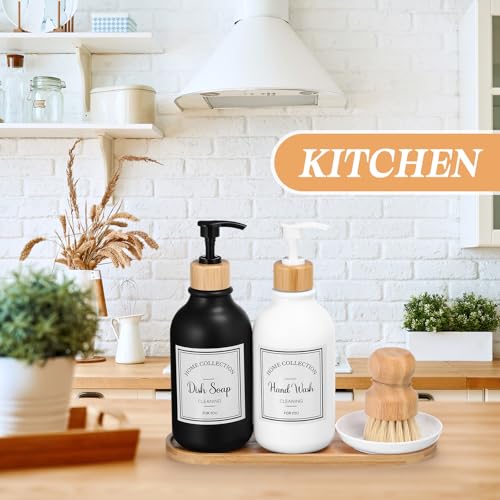 Zopeal 4 Pcs 16 oz Kitchen Soap Dispenser Set with Bamboo Tray and Dish Brush Plastic Soap Dispenser Set with Waterproof Labels for Hand Dish Lotion(Matte Black,White) - color: Matte Black,white