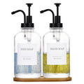 Glass Soap Dispenser with Pump, Dish and Hand Soap Dispenser for Kitchen Bathroom Set, Clear Glass Dispenser Set of 2 Pack with 18 Stickers Funnel Bamboo Tray 500ml 18oz / Each Bottle Sliver Pump - color: Glass+black Pump
