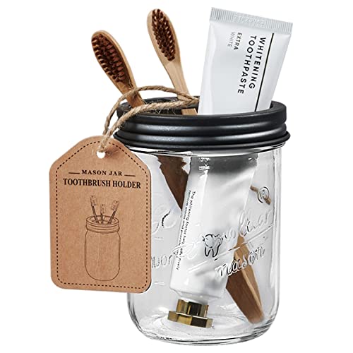 Amolliar Mason Jar Bathroom Accessories Set 4 Pack - Foaming Soap Dispenser&2 Qtip Holders&Toothbrush Holder-Rustic Farmhouse Decor Bathroom Organizer Apothecary Jar Country Countertop (Black) - size: Black, style: Standard-mouth