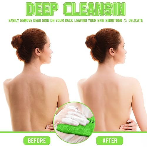 Hosuly 2 Pcs Korean Exfoliating Washcloth and Mitts Set Long Exfoliating Back Italy Towel Scrub Mitt Wash Cloth Scrubber for Women Men Shower Dead Skin Removing Dry Skin (Green) - style: Green