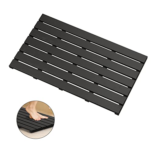 Bamboo Wooden Bath Floor Mat for Luxury Shower - Non-Slip Bathroom Waterproof Carpet for Indoor or Outdoor Use (Black,31.3 x 18.1 x 1.5 Inches) - color: Black, size: 31.3" x 18.1" (Rectangular)